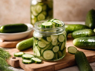 צנצנת זכוכית עם מלפפונים מותססים במלח ושמיר