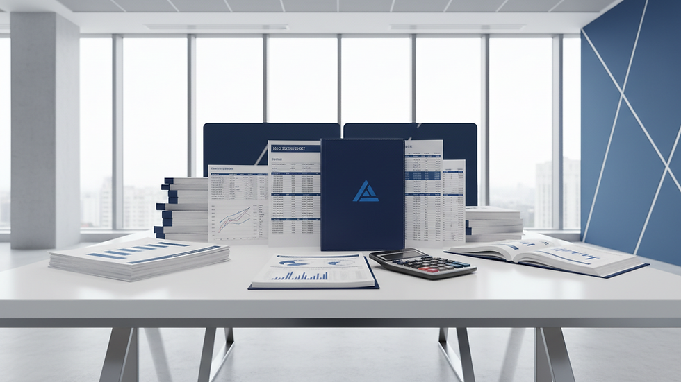 Eye-level view of an office desk with accounting documents and calculator