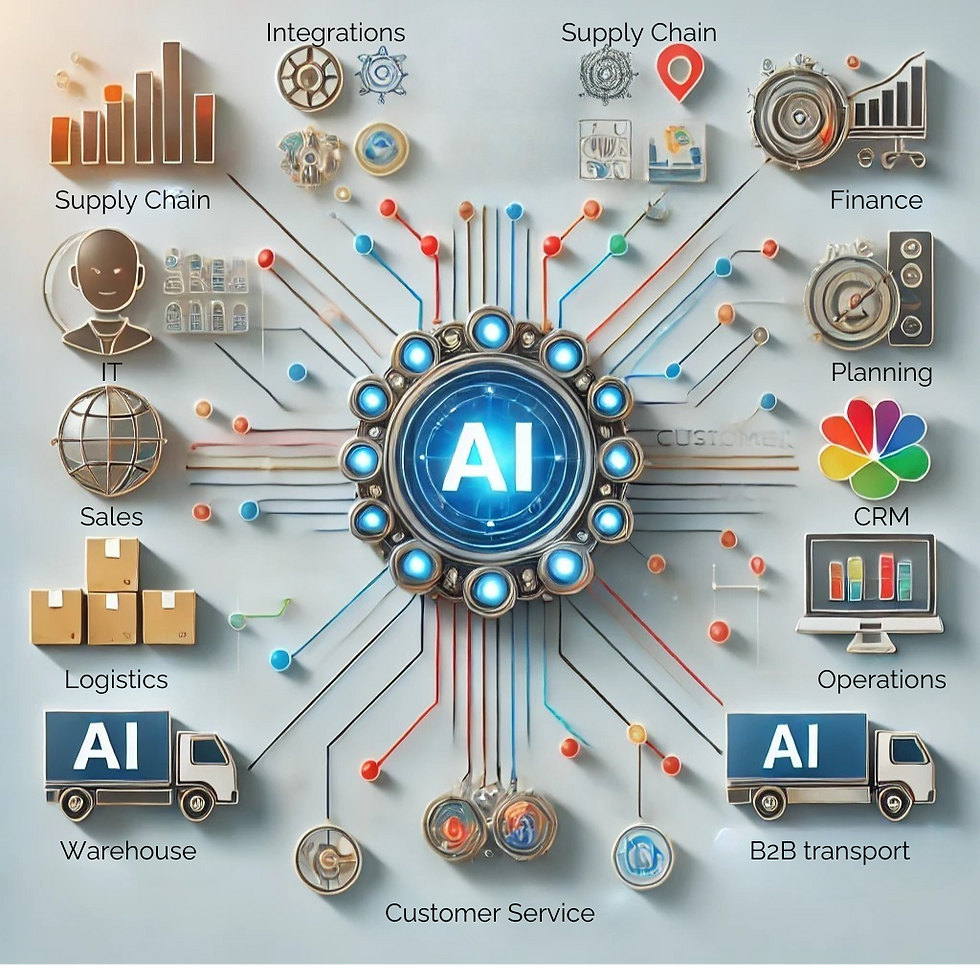 Illustratie van verschillende bedrijfsafdelingen (Sales, Finance, Logistics, Customer Service, Marketing) verbonden door AI-technologie.