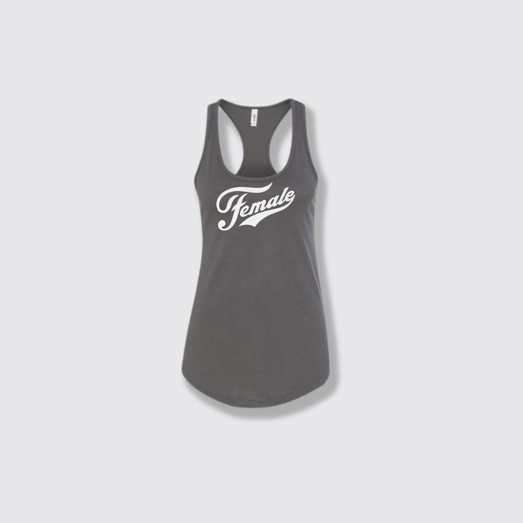 F for Female dark gray tank