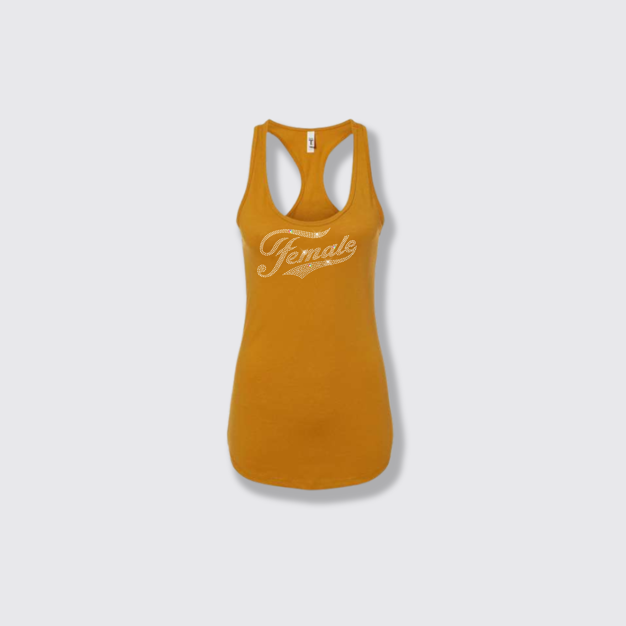 F for female (rhinestones) gold tank
