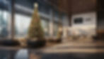 An elegant virtual office background featuring a grand Christmas tree, luxurious seating, floor-to-ceiling windows, and custo