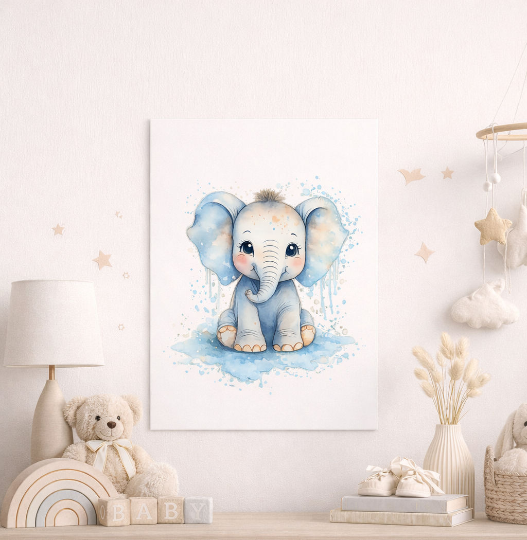 Cute baby elephant nursery wall art poster displayed in a neutral nursery room
