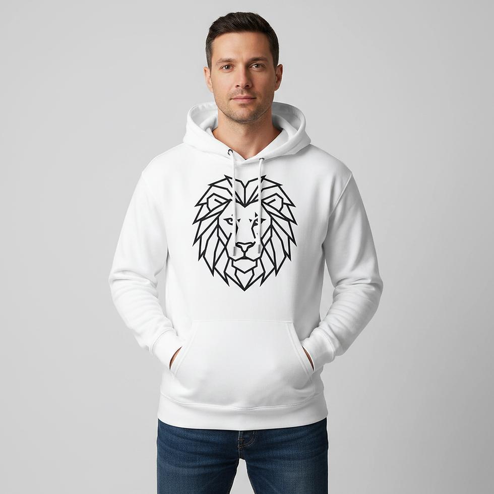Male model wearing white Lion hoodie with black line art lion design