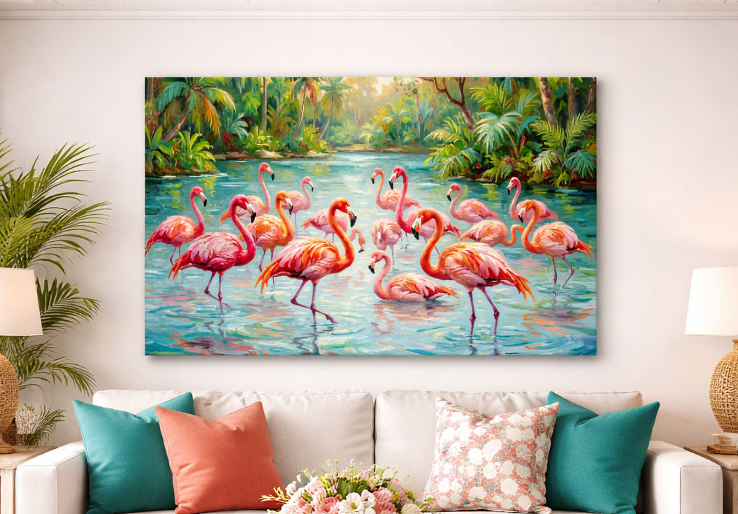 Flamingo Lagoon wall art displayed above a sofa in a bright tropical living room