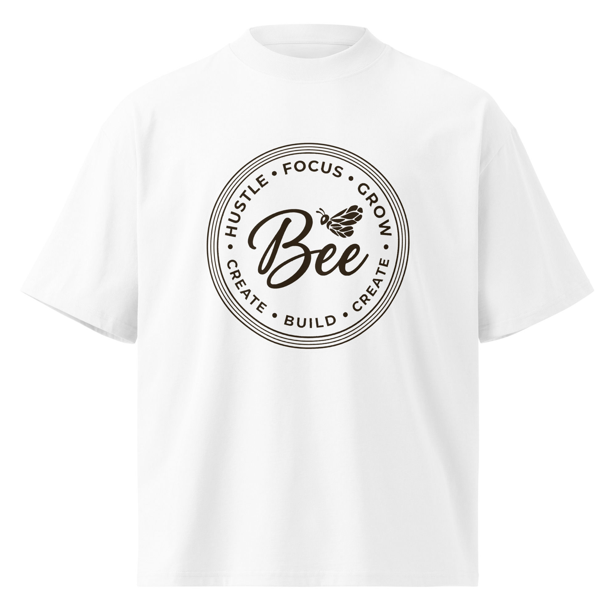 White oversized t-shirt featuring a circular bee typography design with a focused message and balanced composition