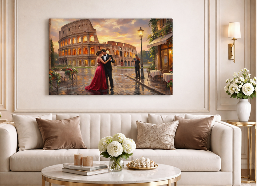 Romantic figurative wall art displayed above a cream sofa
