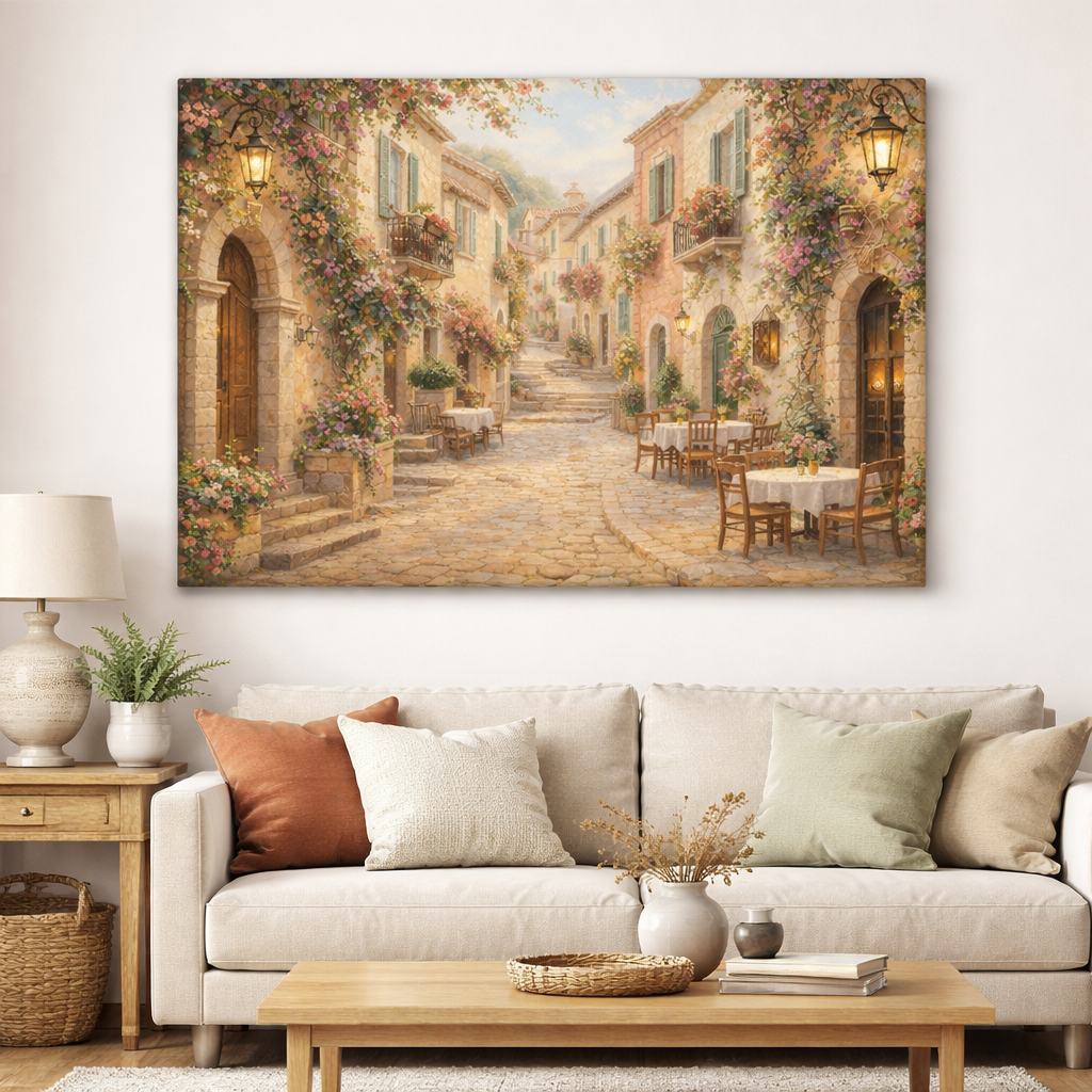 Old Stone Lane premium canvas wall art depicting a quiet stone village street in warm evening light
