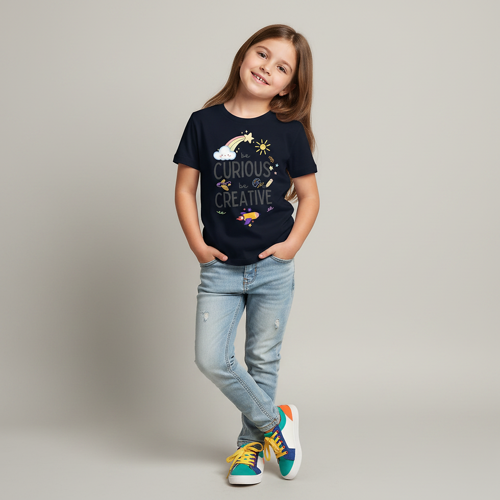 Thumbnail: Young girl wearing navy “Curious and Creative” graphic t-shirt with jeans and sneakers, full-body front view.