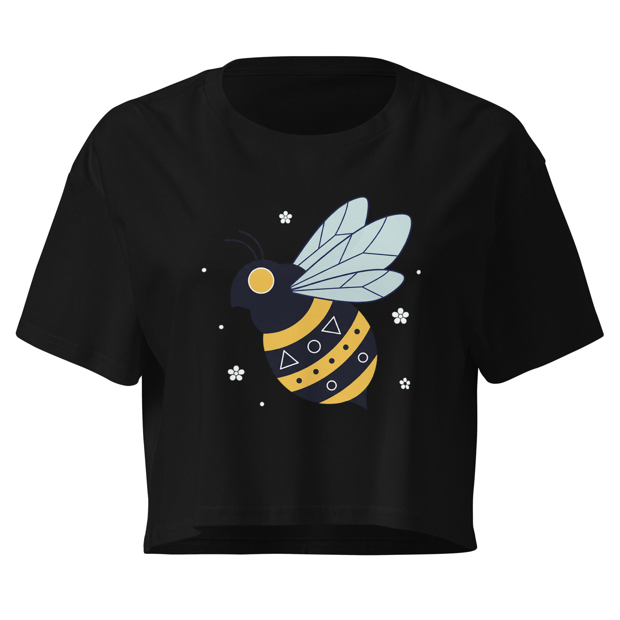 Black crop top with graphic bee print on front