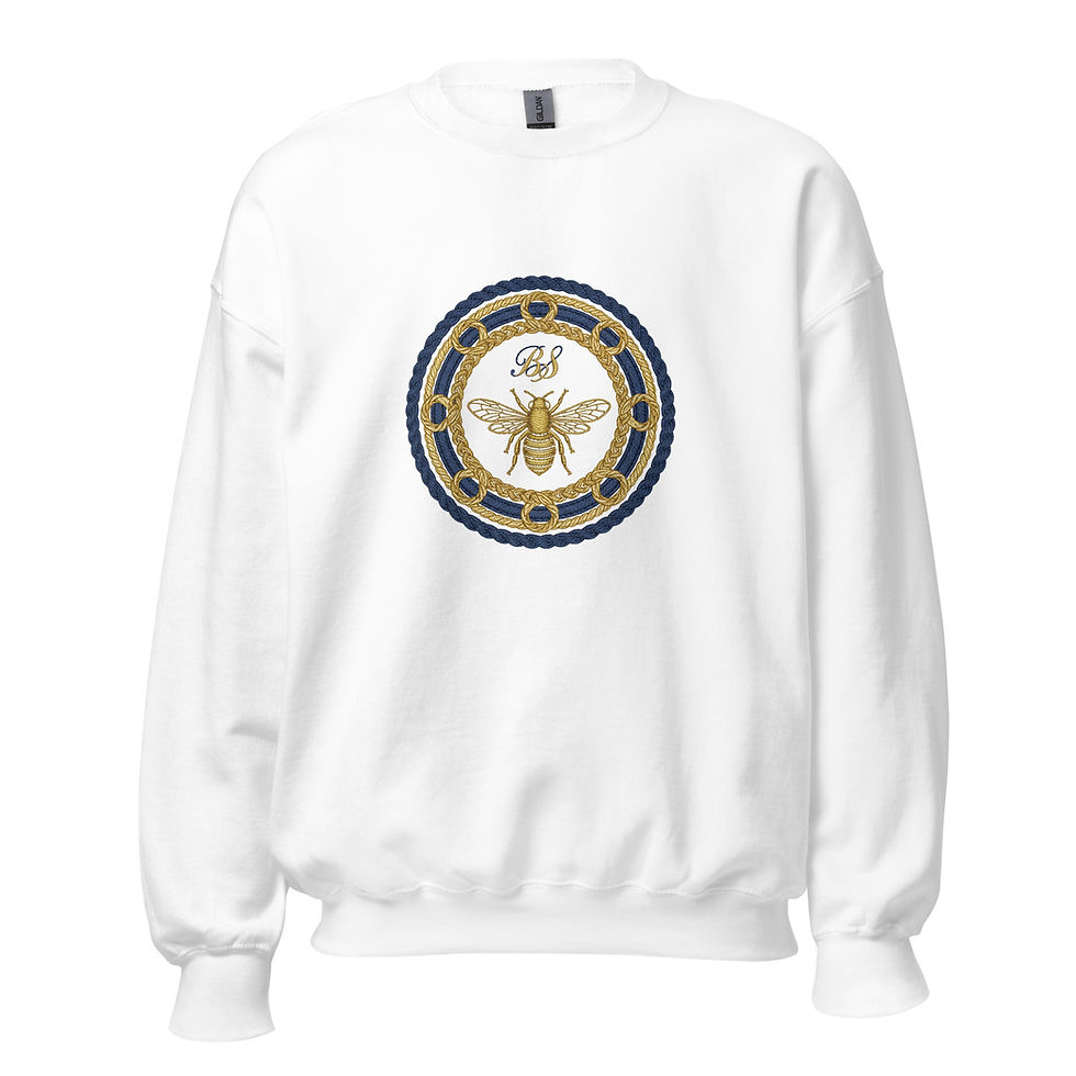 White sweatshirt with gold bee crest emblem and rope circle design on front