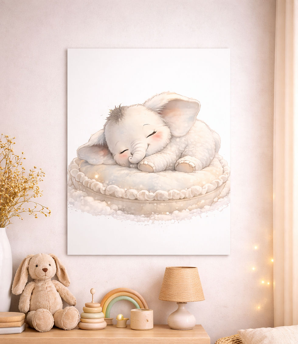 Gentle Steps framed nursery wall art displayed in a cozy baby room, peaceful elephant illustration creating a calm atmosphere