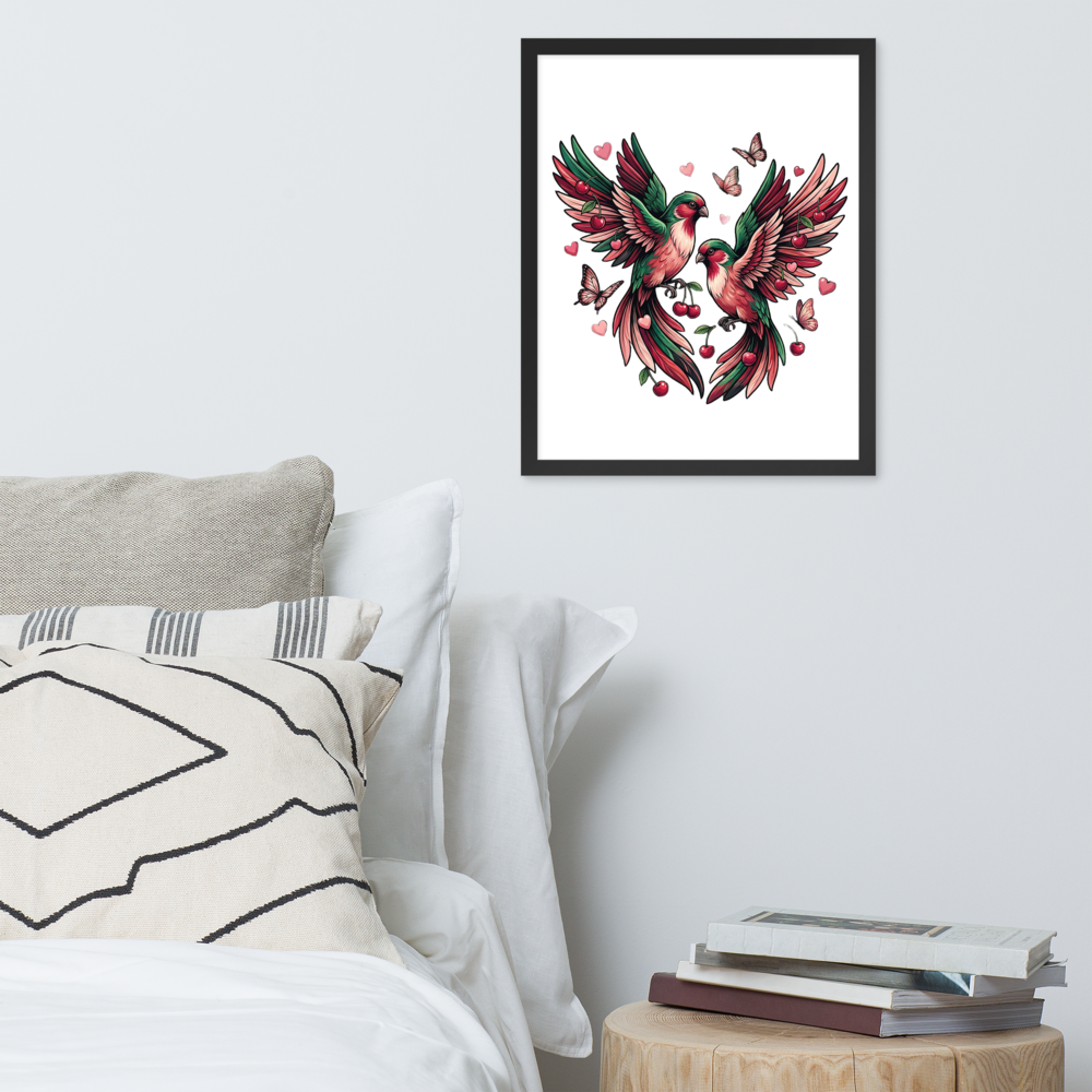 Framed wall art titled Devotion featuring two birds in an intimate symmetrical composition, styled in a modern interior