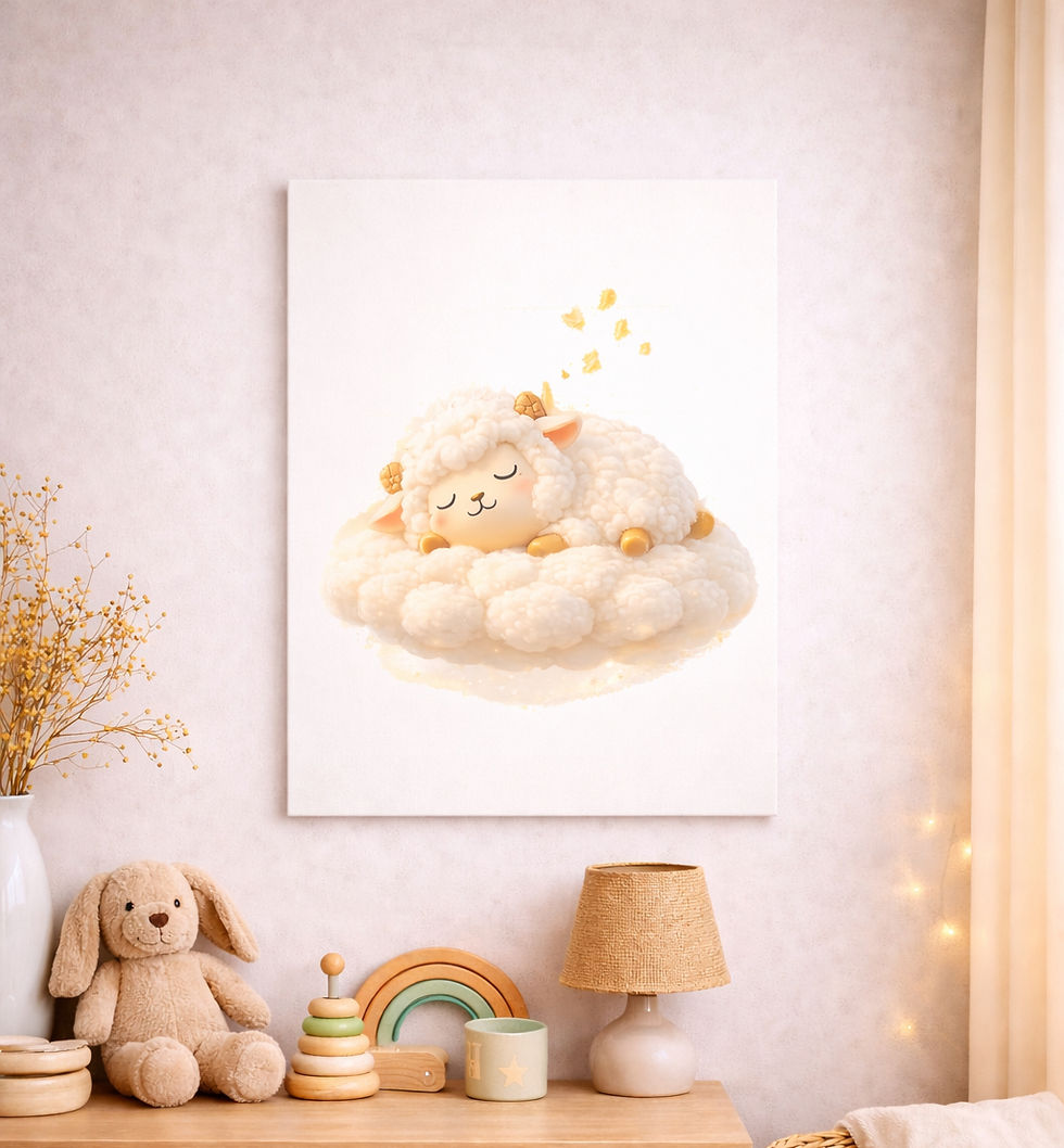 Sleeping lamb nursery wall art poster displayed in a soft neutral nursery room
