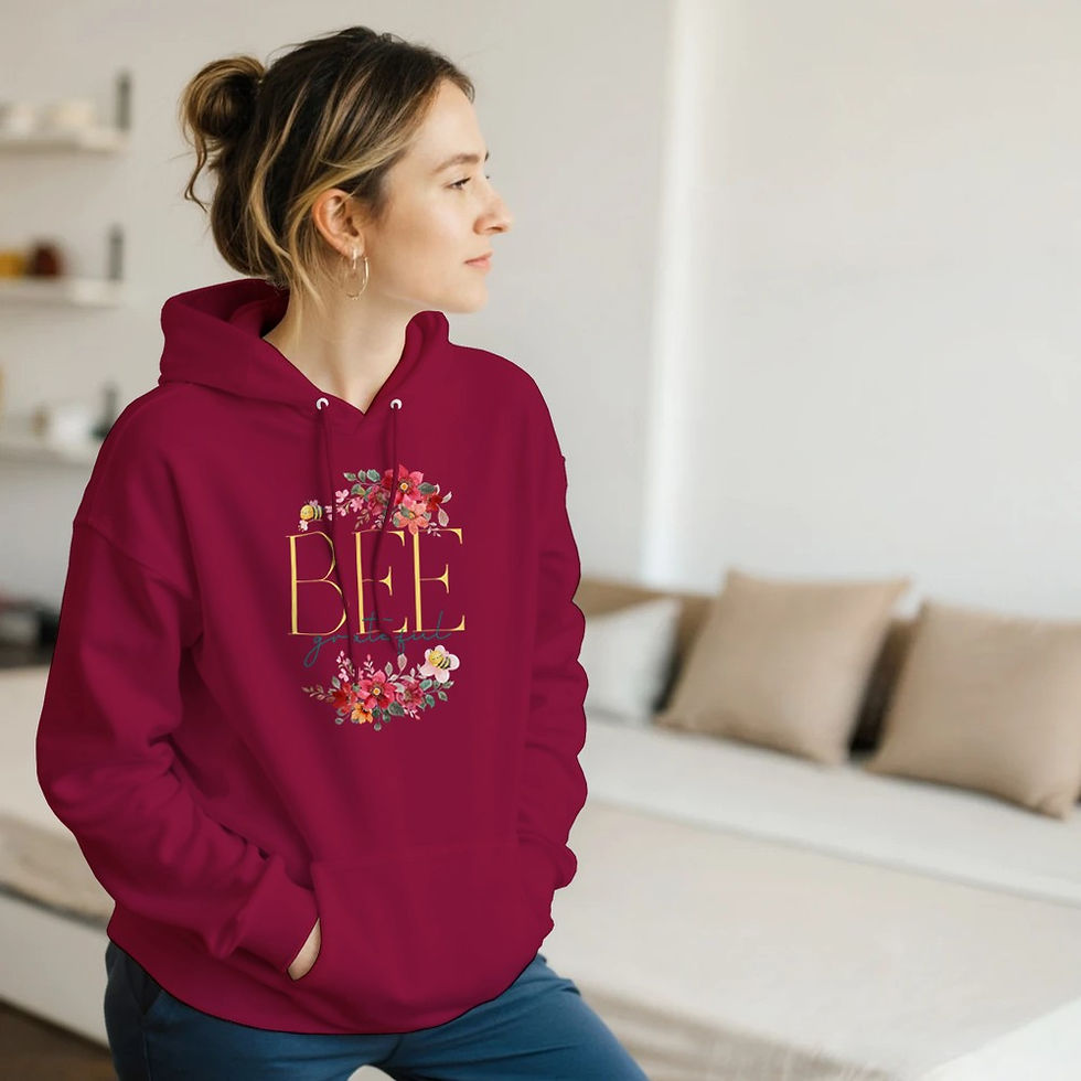 Women’s maroon Bee Grateful floral pullover hoodie with cute bee and pink flowers  cozy aesthetic clothing