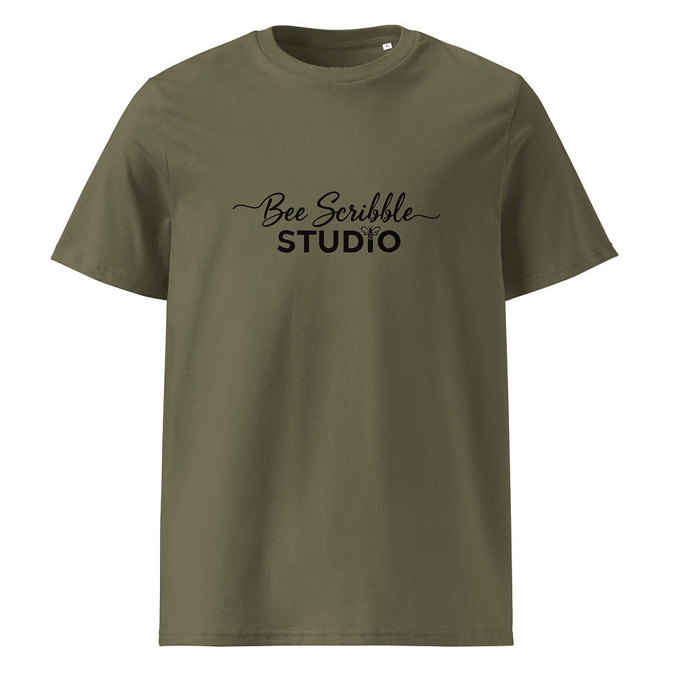 Khaki t-shirt with Bee Scribble Studio logo on chest