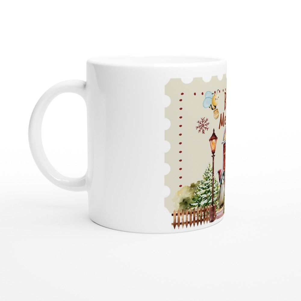 Bee Merry Christmas mug with festive winter scene featuring penguin, bees, street lamps and a cozy decorated doorway