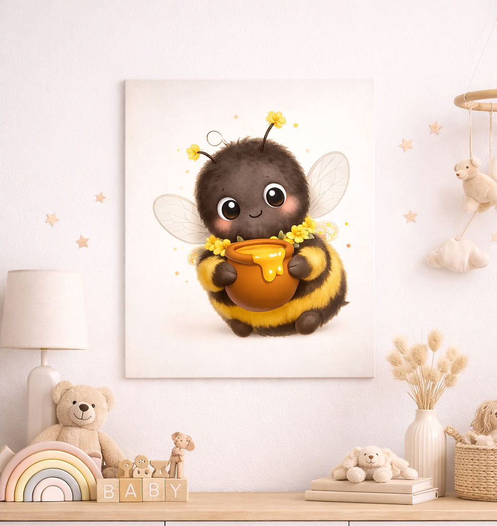 Cute baby bee nursery wall art poster displayed in a neutral nursery room with soft decor