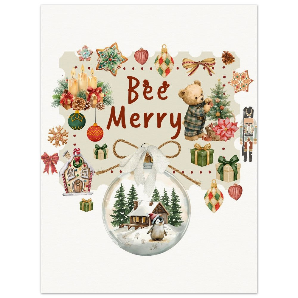 Bee Merry Christmas Poster Cute Watercolor Holiday Wall Art | Matte Paper