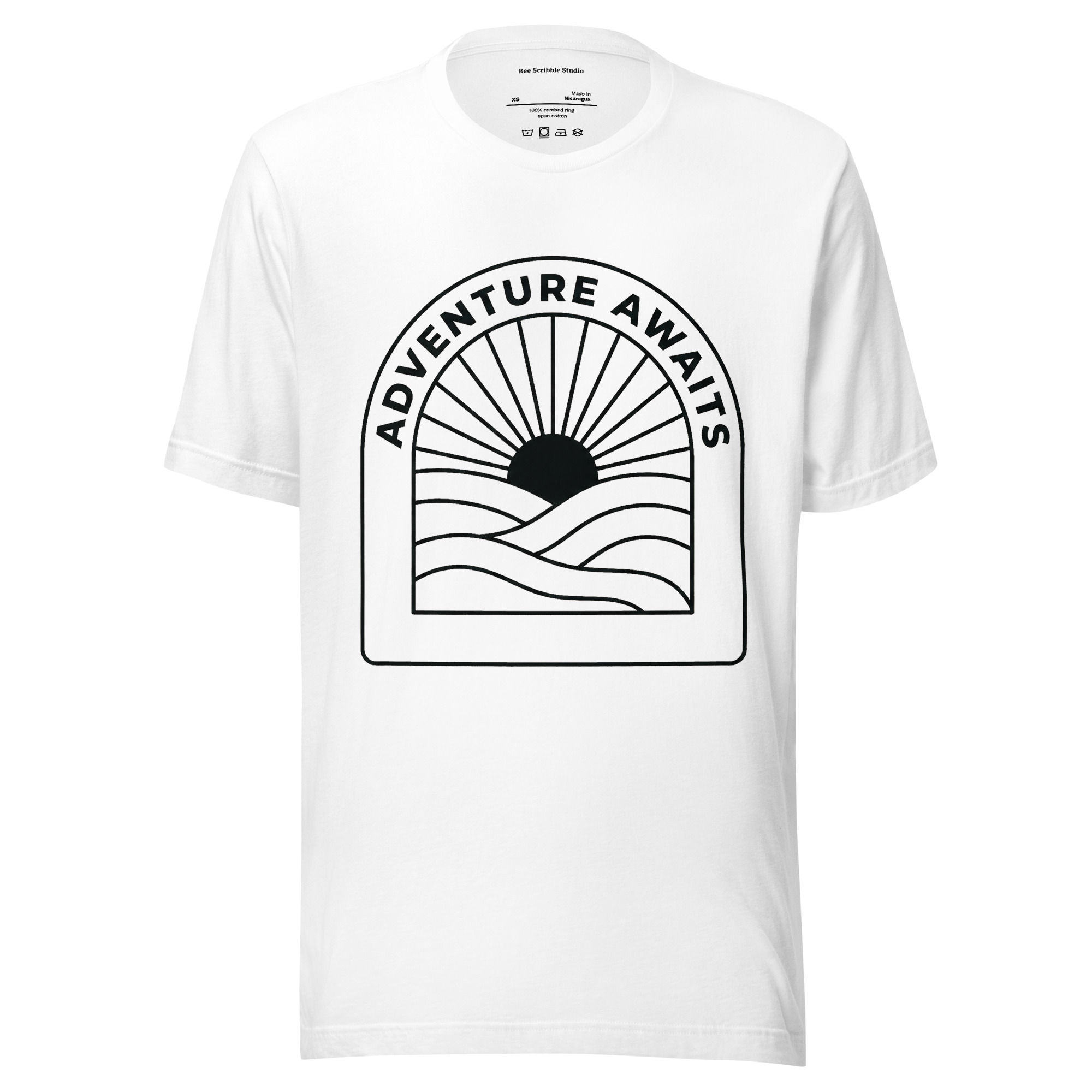 Adventure Awaits t-shirt with minimal sun and landscape design