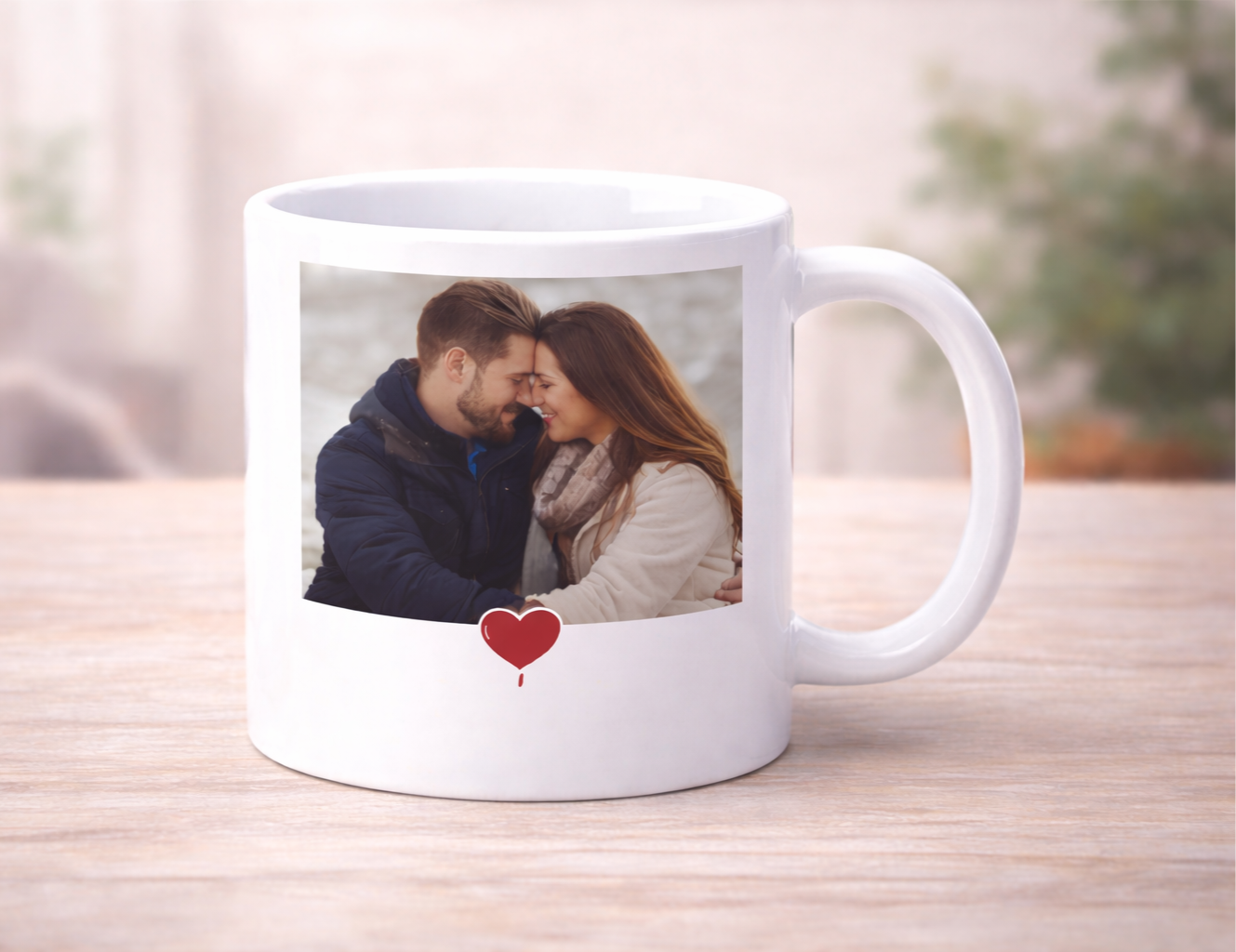 Personalized photo mug with custom couple image printed on white ceramic mug