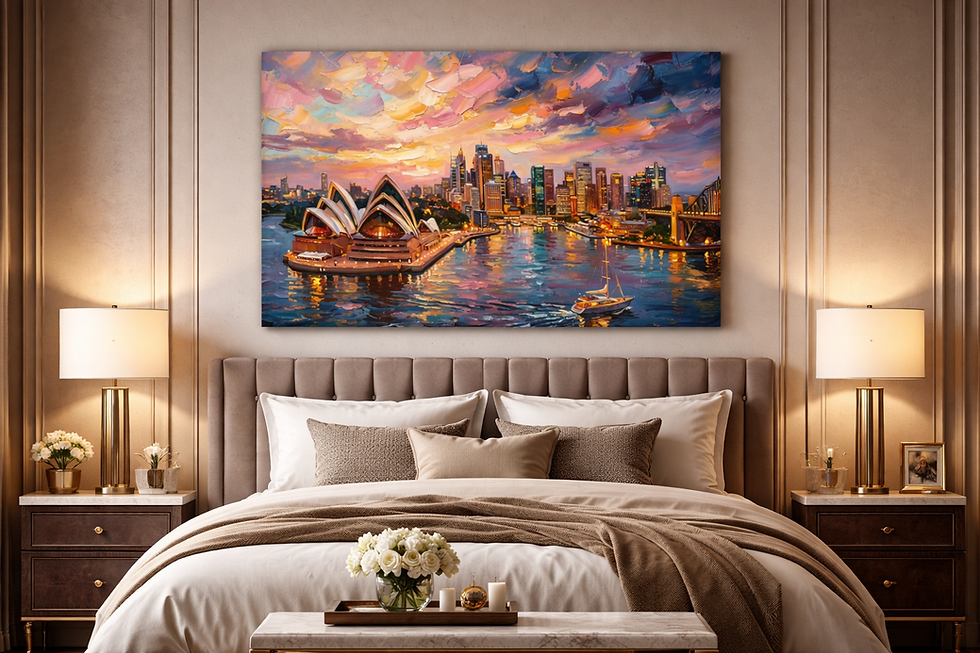 Sydney Opera House wall art canvas above bed, harbour sunset cityscape print for bedroom decor