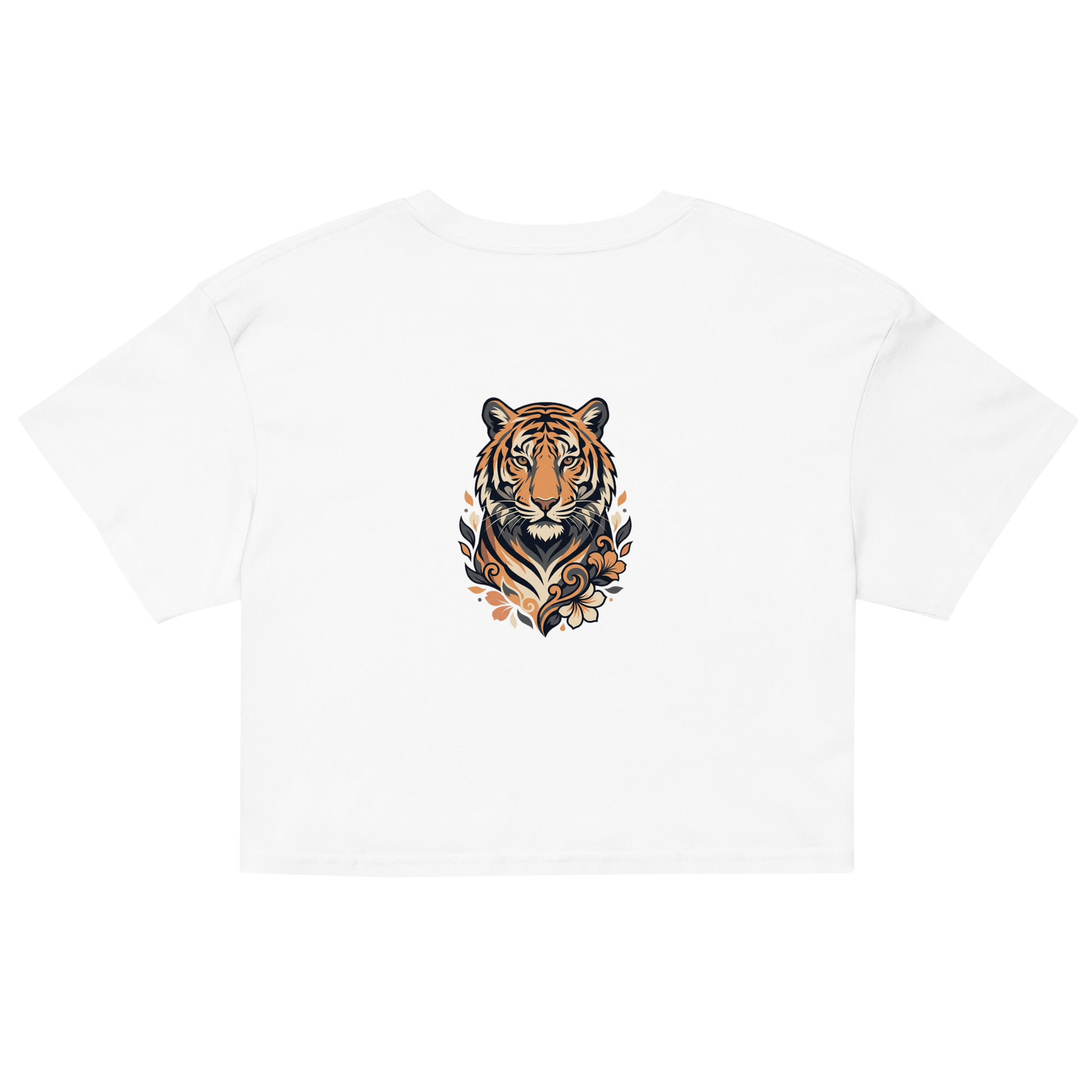 Women’s cropped cotton top in white with artistic tiger illustration