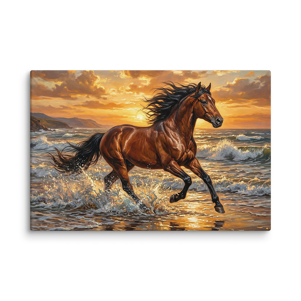 running horse painting on beach at sunset, powerful wildlife wall art print