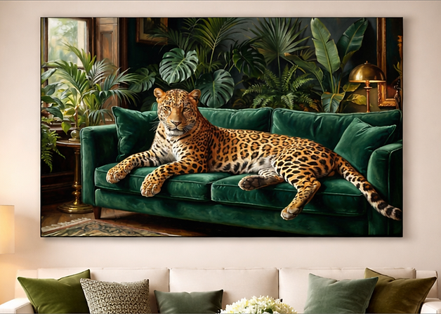 Leopard emerald lounge wall art displayed in a stylish living room