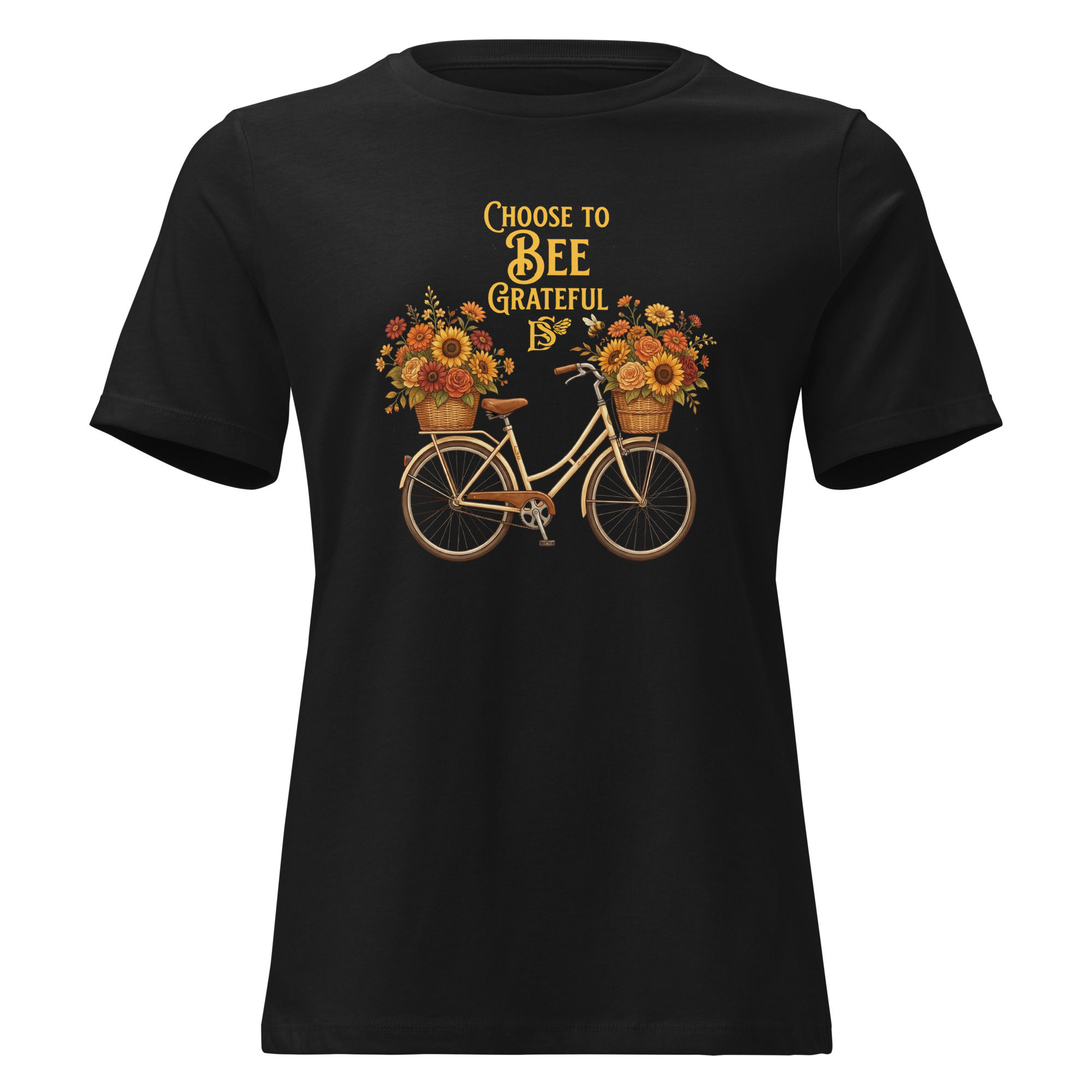 Black relaxed t-shirt featuring a floral bicycle design with a bee motif and the message “Choose to Bee Grateful”
