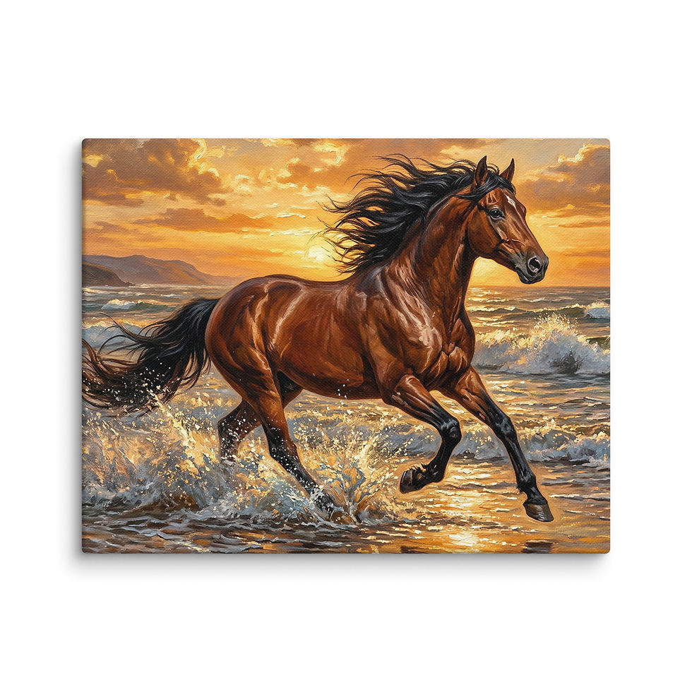 Thumbnail: horse wall art print with ocean waves and golden sunset, dynamic animal artwork