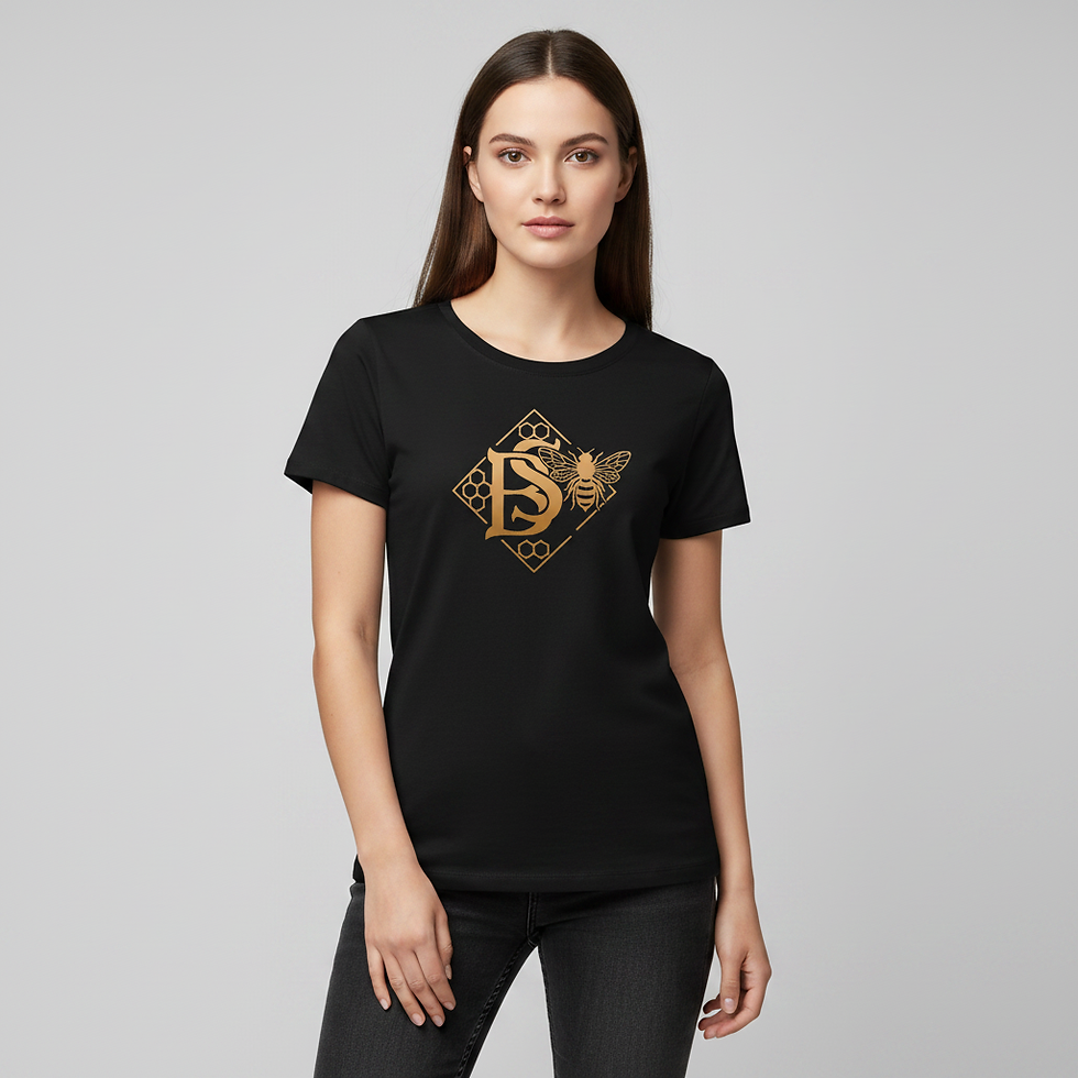Woman wearing black Bee Mark t-shirt with gold bee emblem design