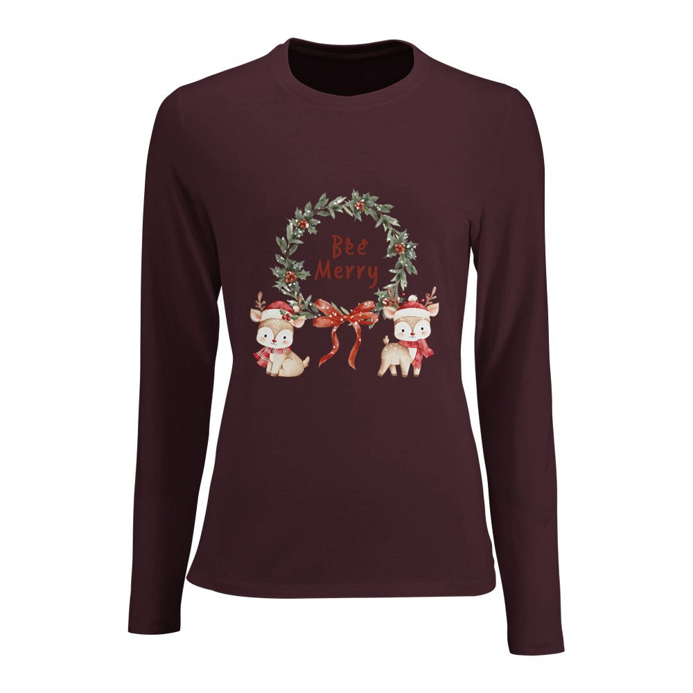 Bee Merry Reindeer Women’s Long Sleeve Fitted Christmas T-Shirt
