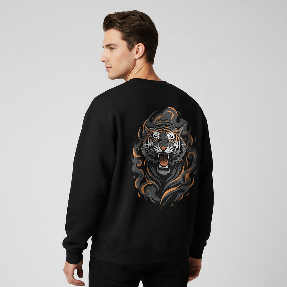 Male model wearing black roaring tiger crewneck sweatshirt viewed from the back
