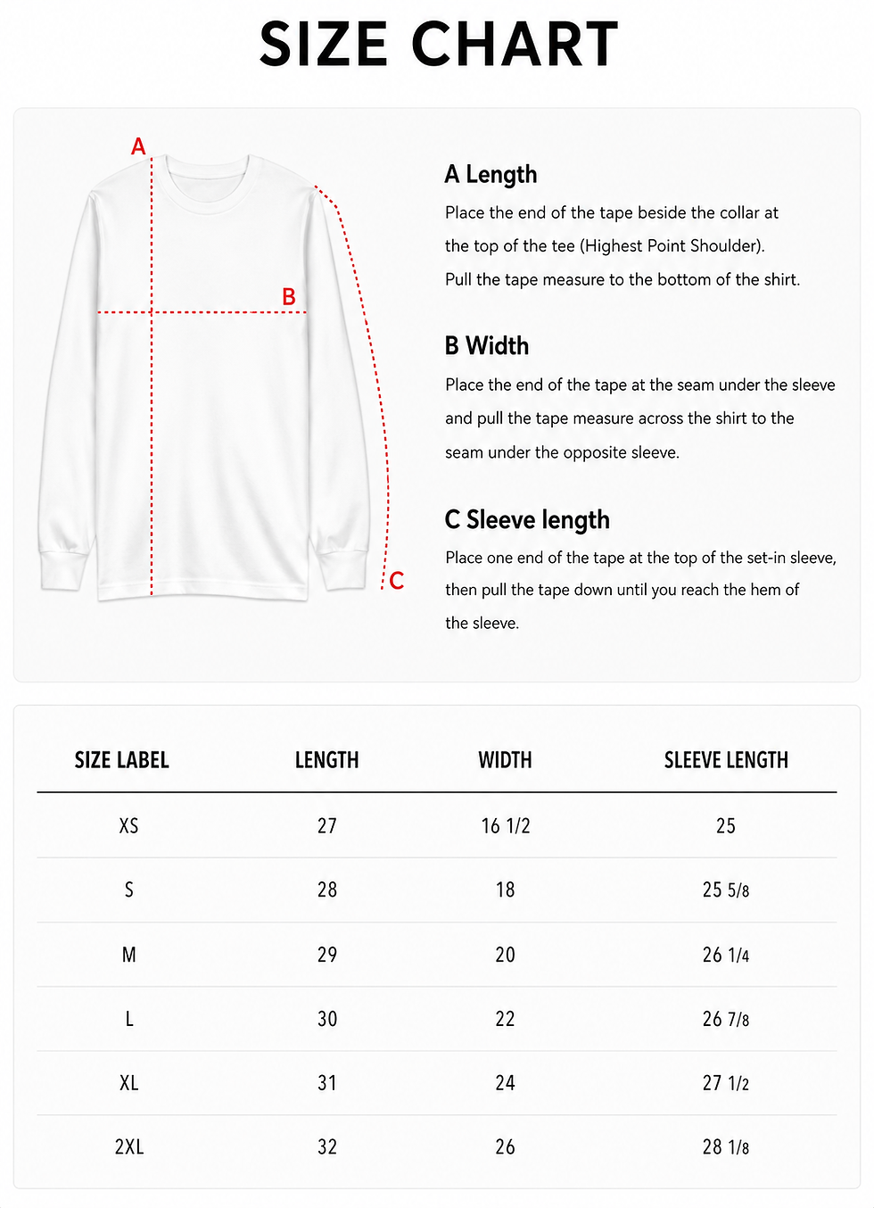 Thumbnail: Be Bee You long sleeve tee size guide and measurements chart