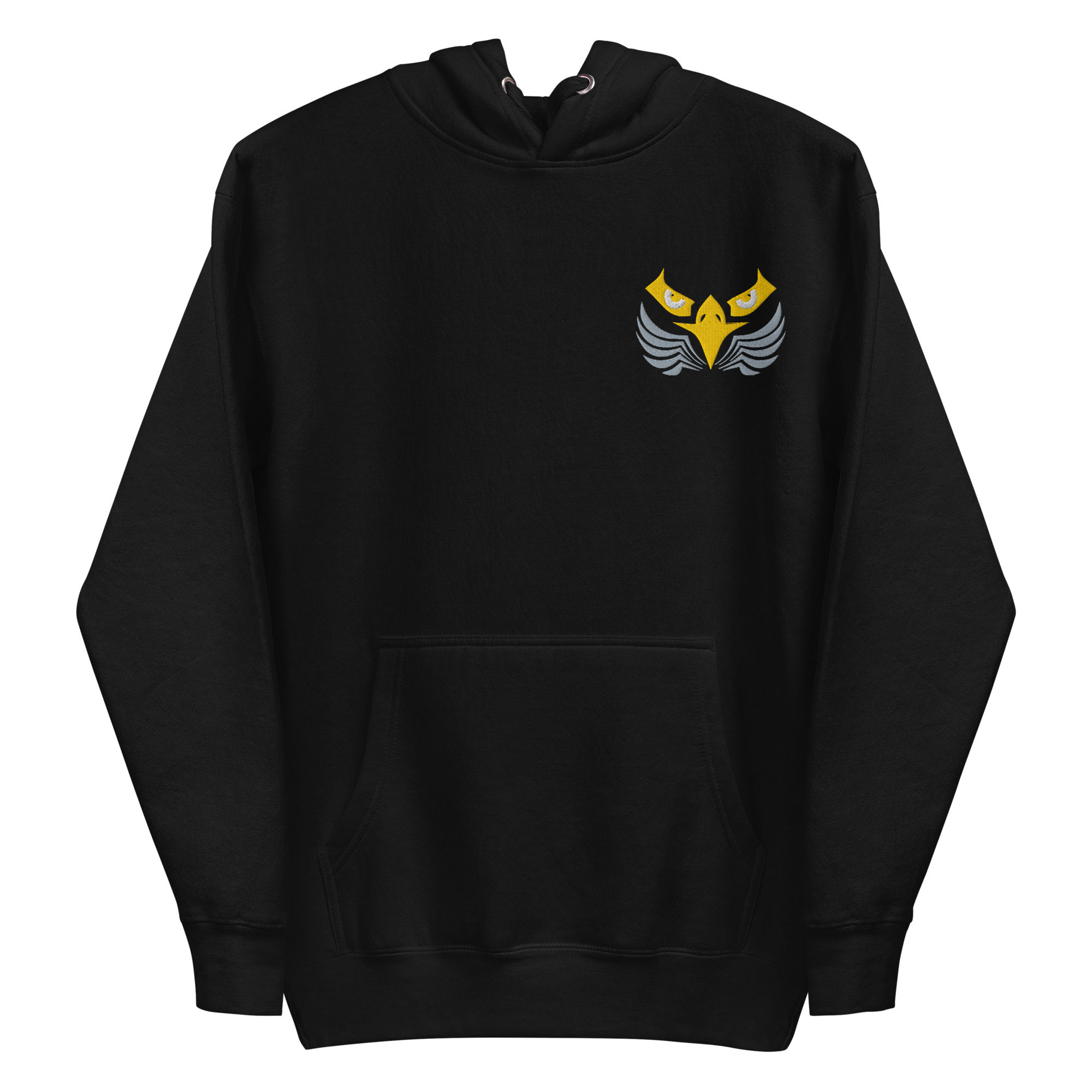 Black hoodie with gold Aureus emblem embroidered on left chest