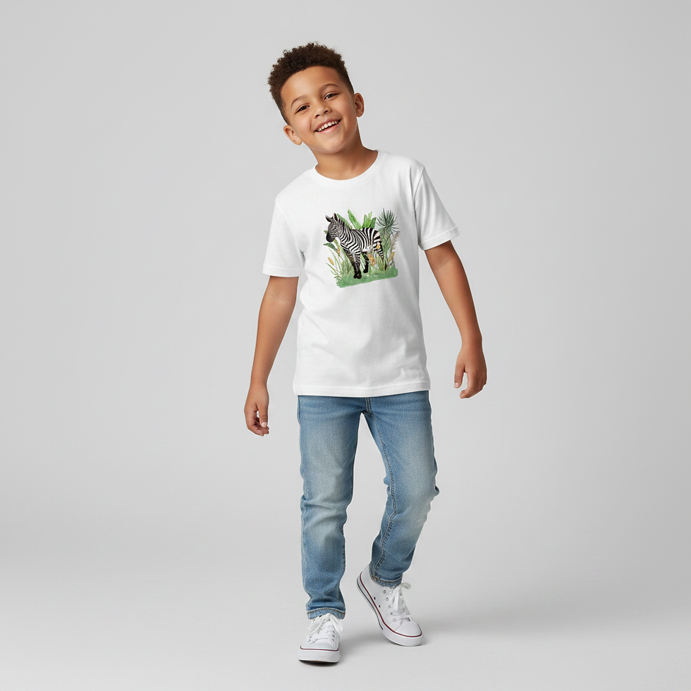 Child model standing and smiling while wearing a white t-shirt with a zebra safari graphic.