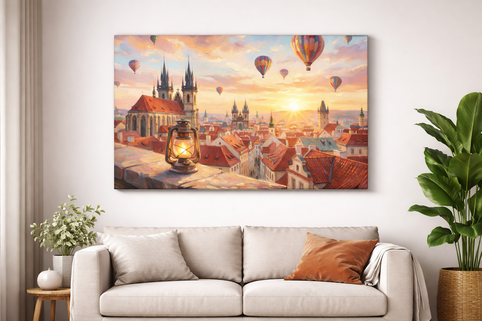 Canvas wall art of a historic European city at sunrise with hot air balloons displayed above a modern sofa