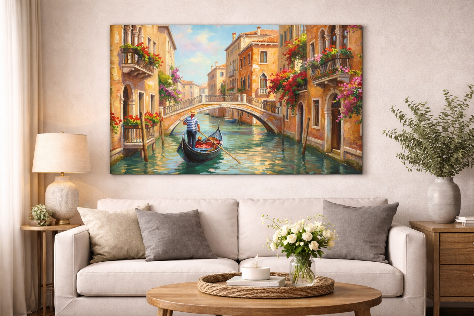 Venice canal wall art canvas featuring a romantic gondola beneath an arched bridge, displayed above a modern living room sofa