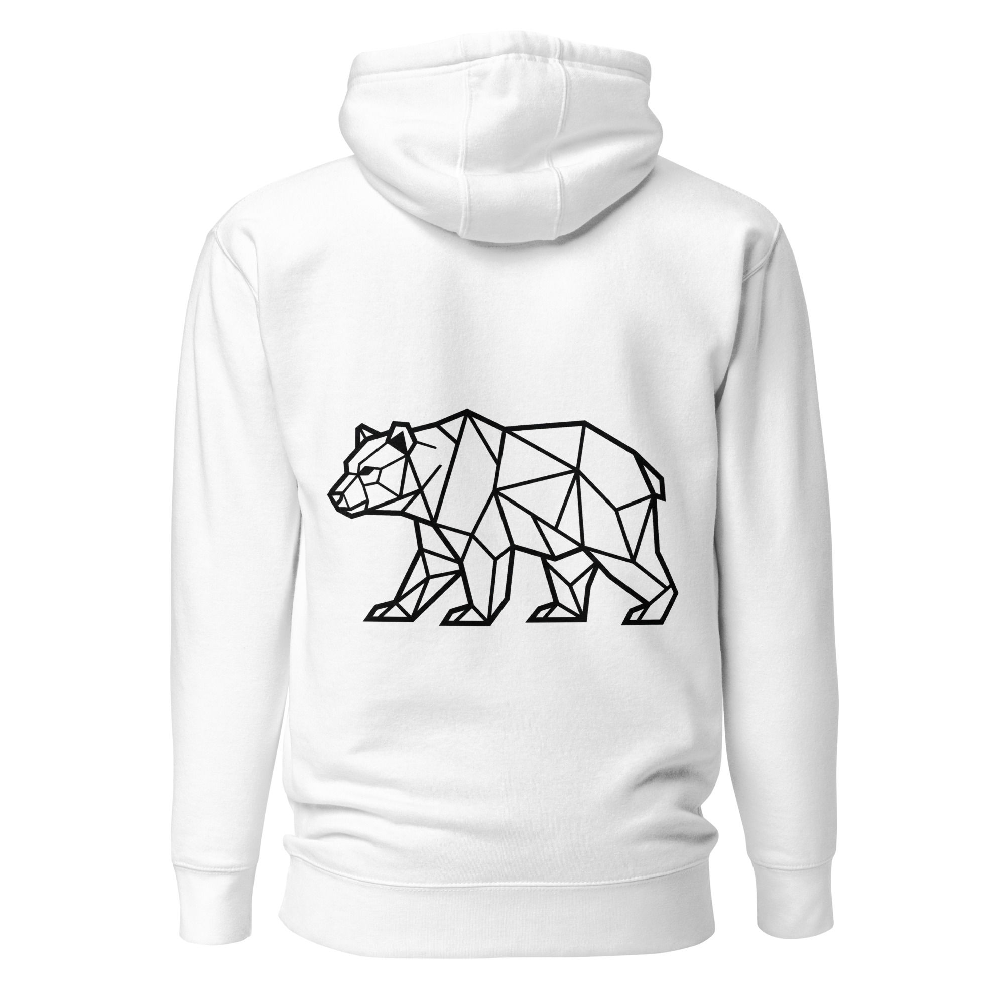 Primal Motion men’s hoodie with geometric walking bear design on back in white