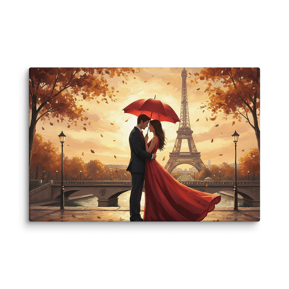 Thumbnail: Cinematic Paris love scene wall art with warm golden tones and reflective rain-soaked streets near the Eiffel Tower.