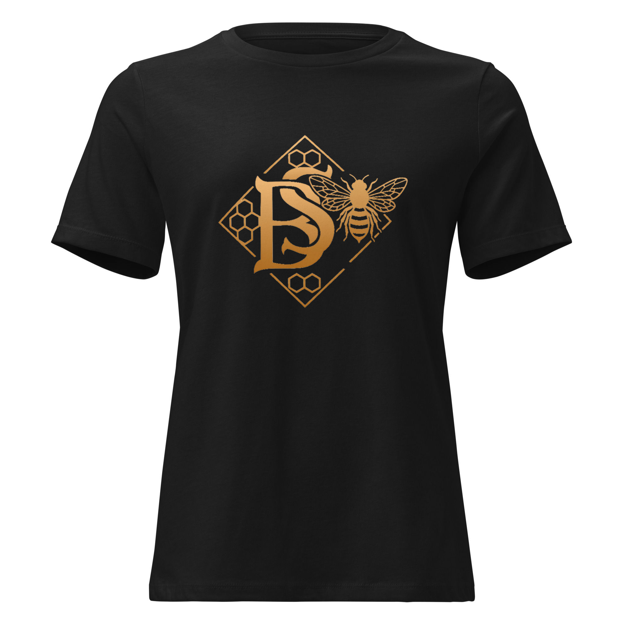 Bee mark t-shirt black with gold bee monogram design front view