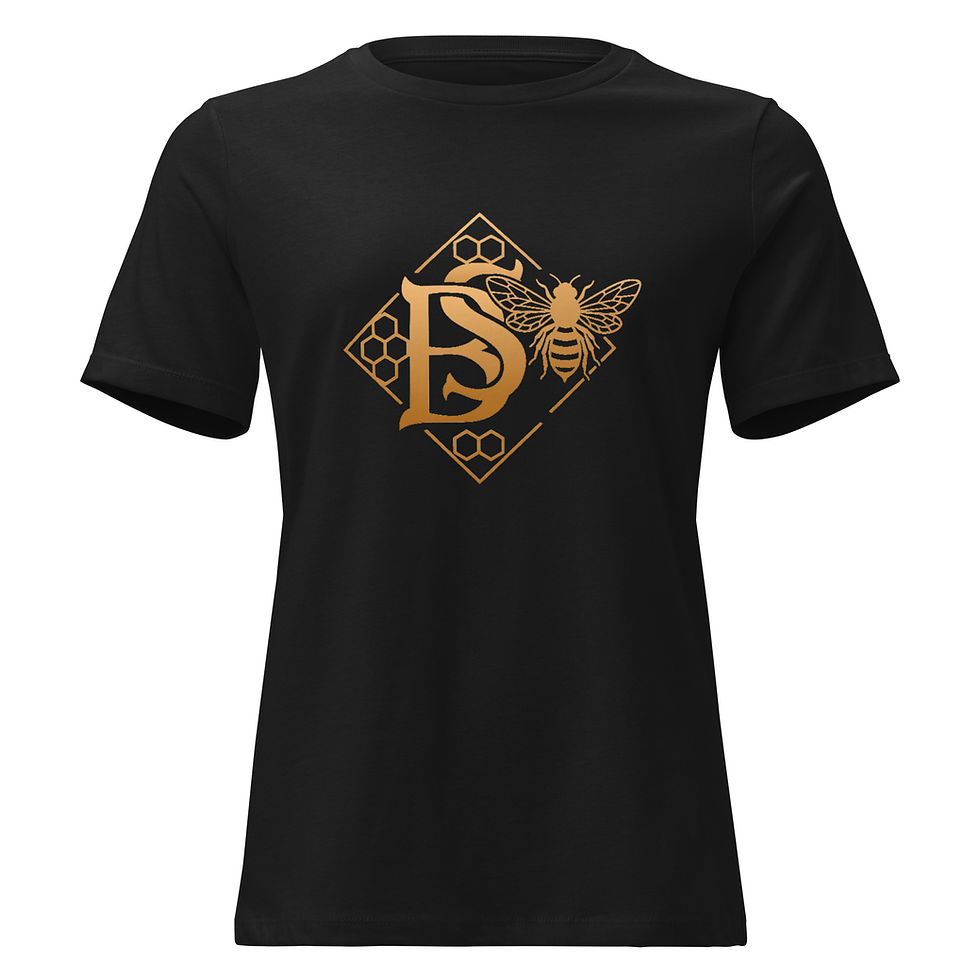 Bee mark t-shirt black with gold bee monogram design front view