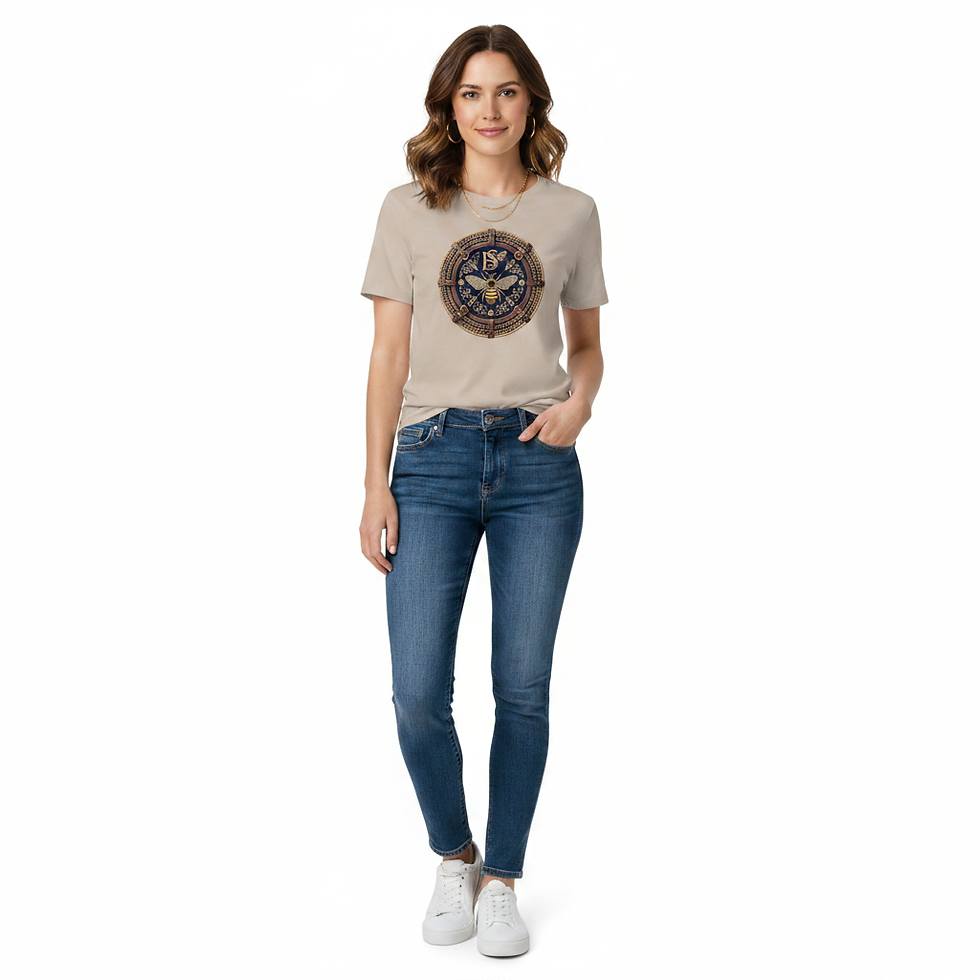 Woman wearing sand Bee Monogram t-shirt with ornate bee crest design