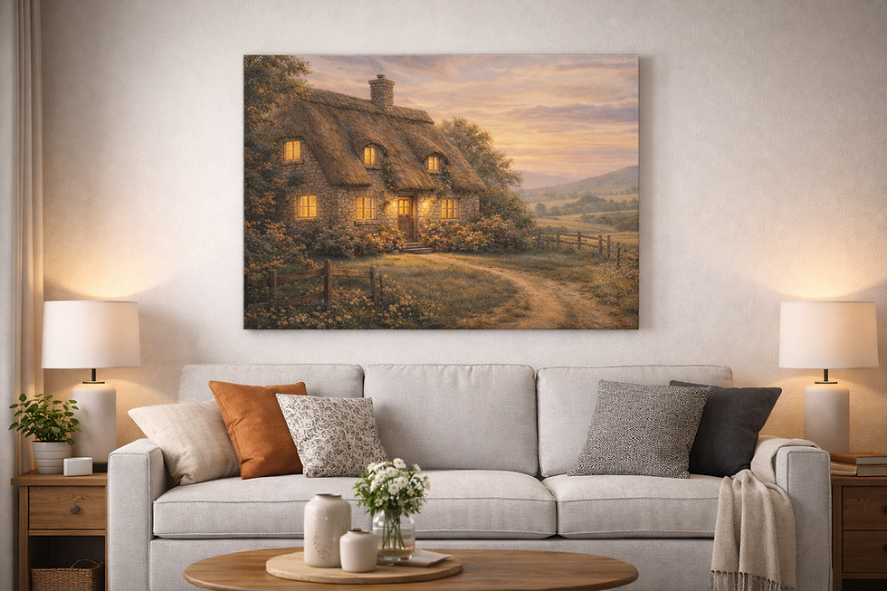 Whispering Hearth A quiet countryside cottage bathed in warm light, evoking the stillness of village life at day’s end. Soft