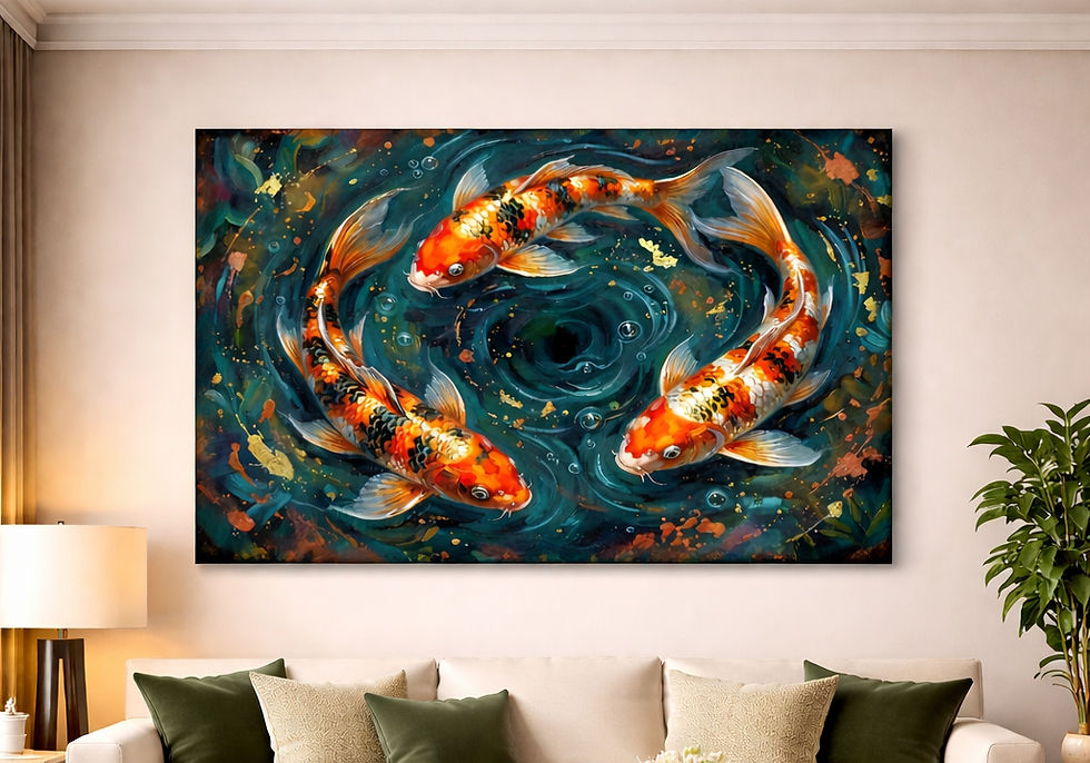 Koi Harmony wall art displayed above a sofa in a calm neutral living room
