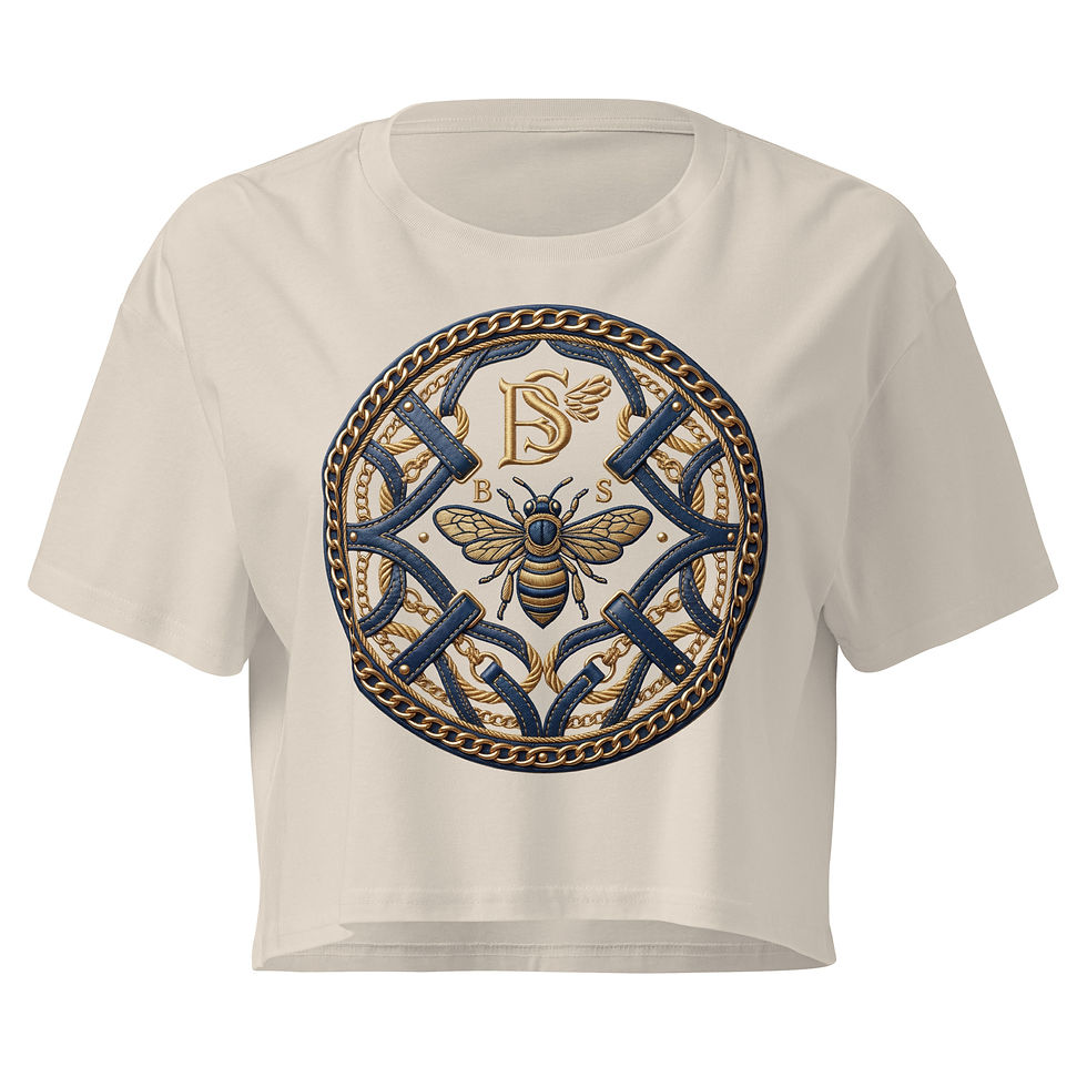 Thumbnail: beige bee graphic crop top detailed emblem design front view