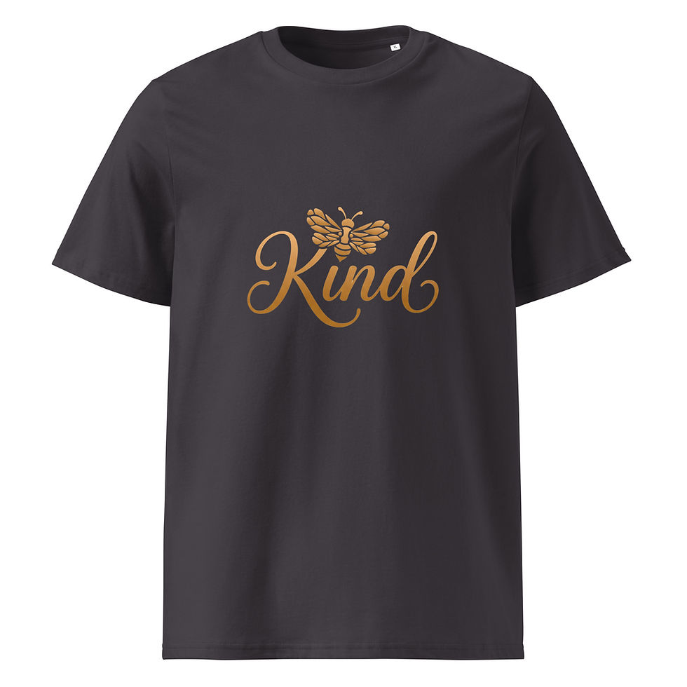 Dark t-shirt featuring a minimal “Kind” script with a small bee motif in a clean, balanced composition