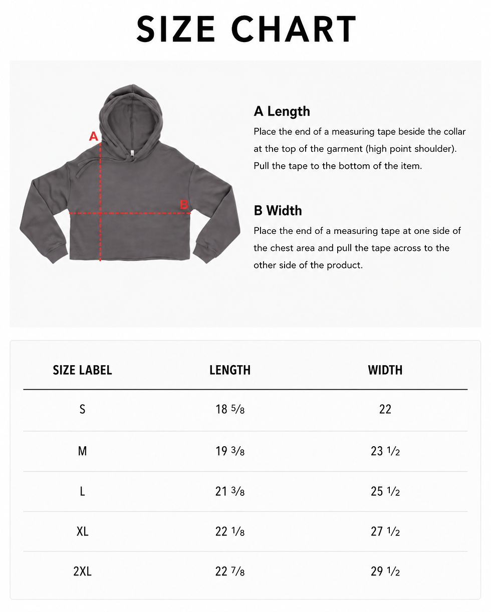 Thumbnail: Cropped hoodie size chart showing garment measurements and fit guide.