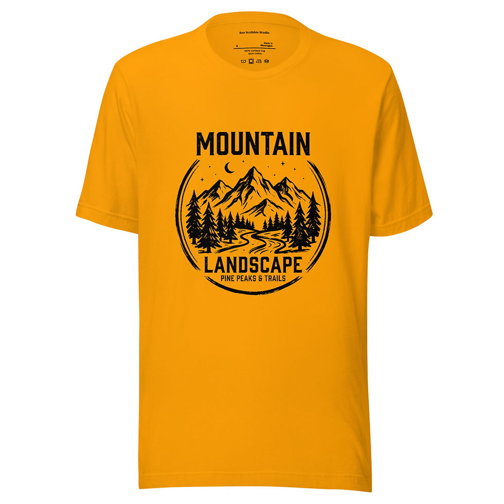 Thumbnail: Yellow t-shirt with mountain landscape graphic print on front